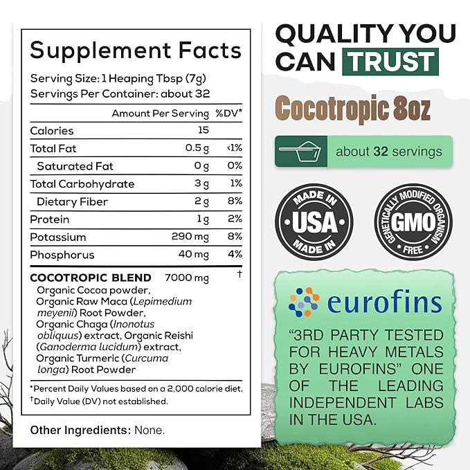 Organic Cocotropic Superfood Mushroom Hot Chocolate Mix, 8 oz | Non-GMO, Vegan, Gluten Free, Reishi Mushrooms, Chaga