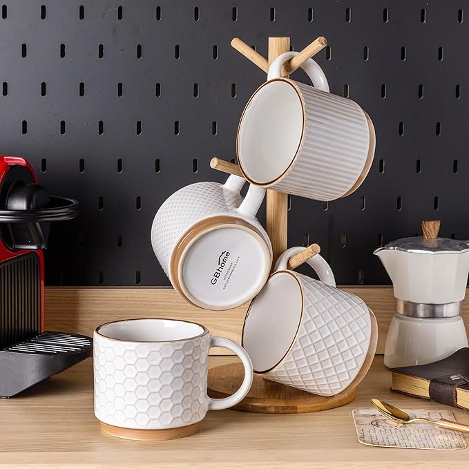 GBhome 15OZ Stackable Coffee Mugs, Ceramic Coffee Mugs with Texture Patterns for Man,Woman,Dad,Mom, Modern Coffee Mugs Set of 4 for Latte/Cappuccino/Cocoa. Dishwasher&Microwave Safe, Off White | for Man, Woman, Dad, Mom