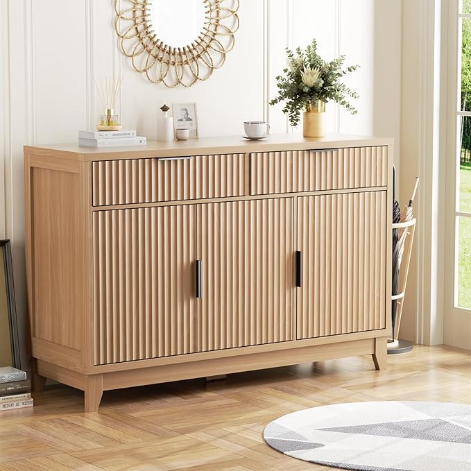 Vabches Modern Sideboard Buffet Cabinet with Storage, Long Credenza Storage Cabinet with Drawer, Fluted Doors & Adjustable Shelf, Wood Buffet Table for Living Room, Kitchen Dining Room, Entryway, Oak