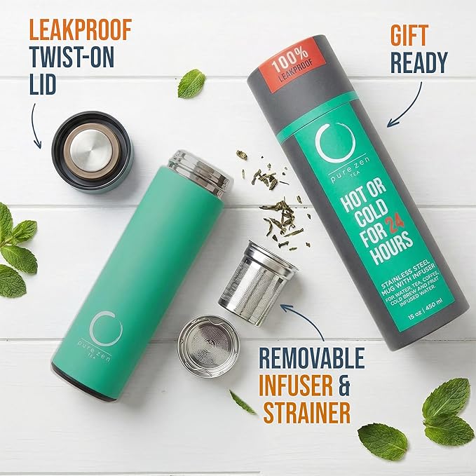 Pure Zen Tea Thermos with Infuser for Hot and Cold Infusions - Stainless Steel - Tea Infuser Bottle - Leakproof Travel Mug with Filter - 15oz