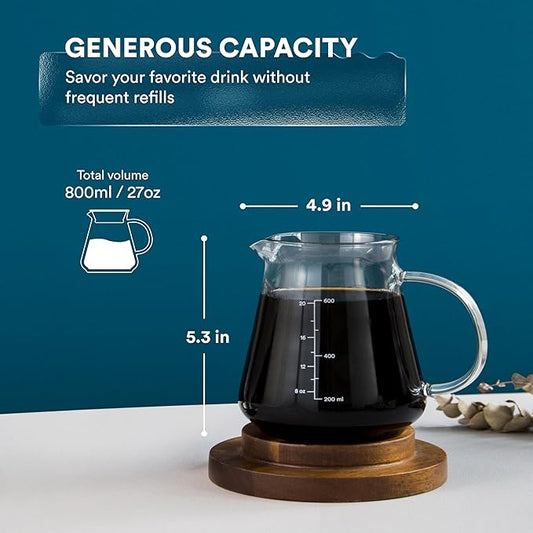 Glass Range Coffee Server For Pour Over Coffee & Tea - 800ml/27oz Ovalware with Airtight Cold Brew Iced Coffee Maker Pitcher and Tea Infuser