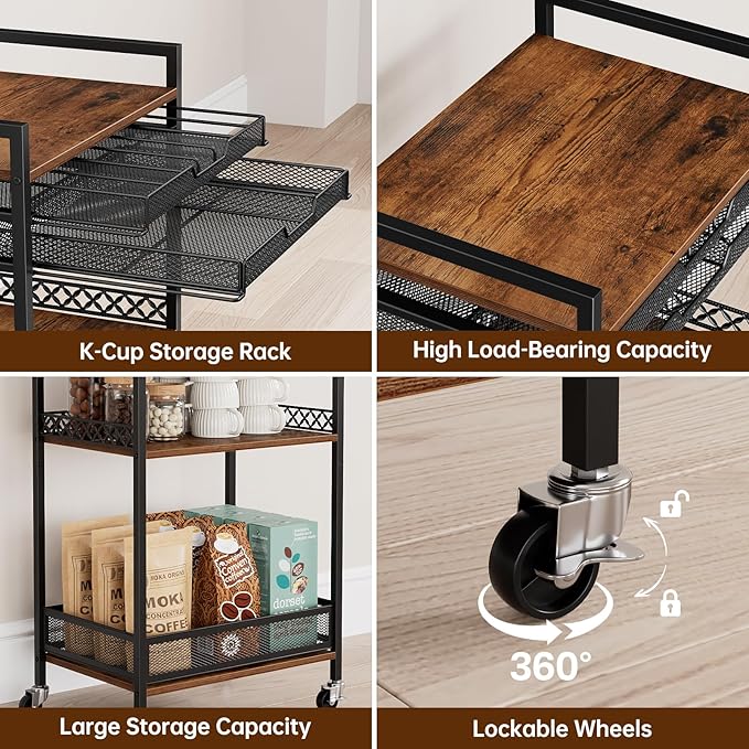 K Cup Holder Cart, Coffee Station Organizer for Nespresso Vertuo Capsule and K Cup Capsule, Multi-Functional Coffee Bar Cart Accessories Organizer with Wheels for Living Room, Kitchen