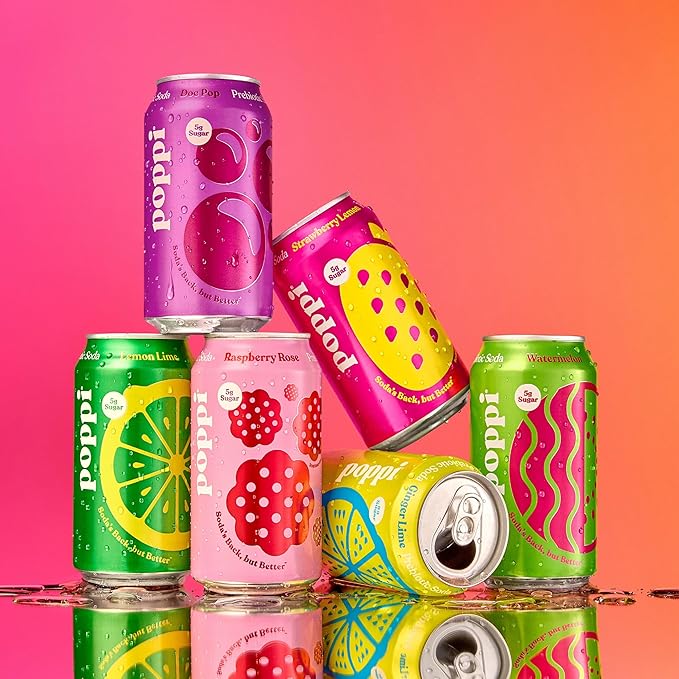 Poppi Sparkling Prebiotic Soda Beverage with Apple Cider Vinegar, Seltzer Water and Fruit Juice, Party Starters Variety Pack, 12 Fl Oz, Pack of 12, Packaging May Vary