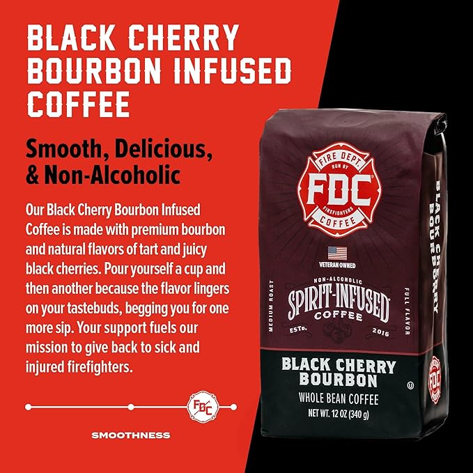 Fire Department Coffee Black Cherry Bourbon Infused Medium Roast Ground Coffee - 12 oz (2 Pack) - Non-Alcoholic - Gives Back to Firefighters - Roasted in the USA - Veteran Owned