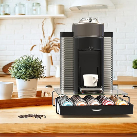 DecoBrothers Crystal Tempered Glass Vertuo Pod Holder Drawer, 30 Large or 60 Small Nespresso Capsule Organizer, Black
