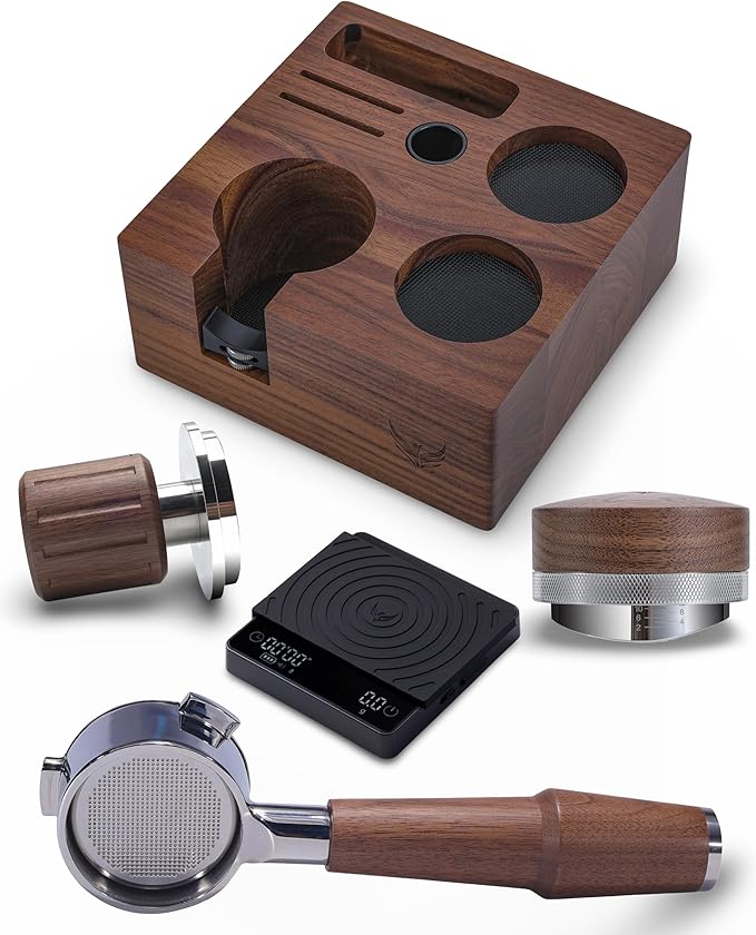 54mm Complete Espresso Kit for Breville – Walnut Click Tamper, Distributor, Bottomless Portafilter, Digital Scale & Tamping Station | Improve Crema, Reduce Channeling, Consistent Extractions