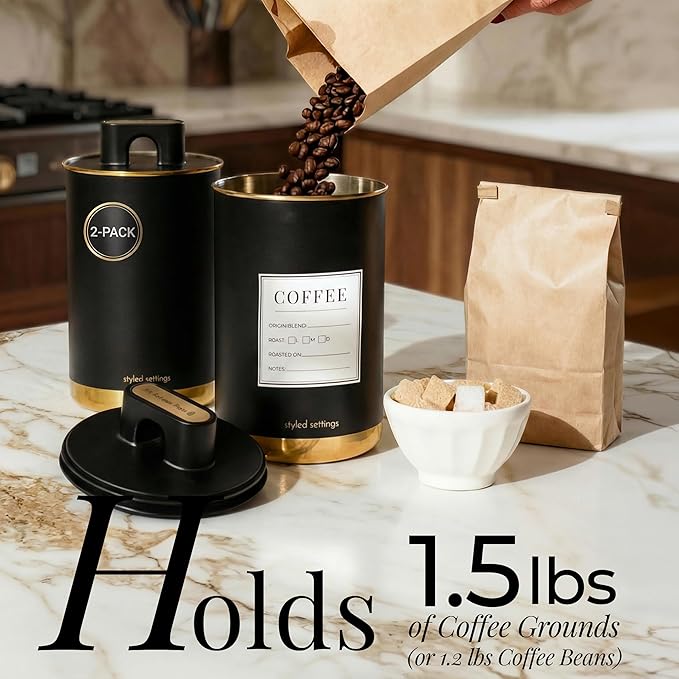 STYLED SETTINGS Coffee Bar Canisters Set of 2 – Vacuum Coffee Canisters with Airtight Lids & Scoop, Black & Gold Stainless Steel Food Storage Containers for Beans or Grounds – Coffee Lover Gifts