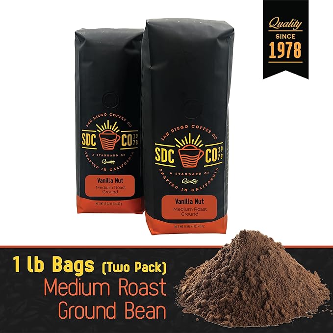 San Diego Coffee Vanilla Nut, Medium Roast, Ground Coffee, 16-Ounce Bags (Pack of 2) Café molido tostado