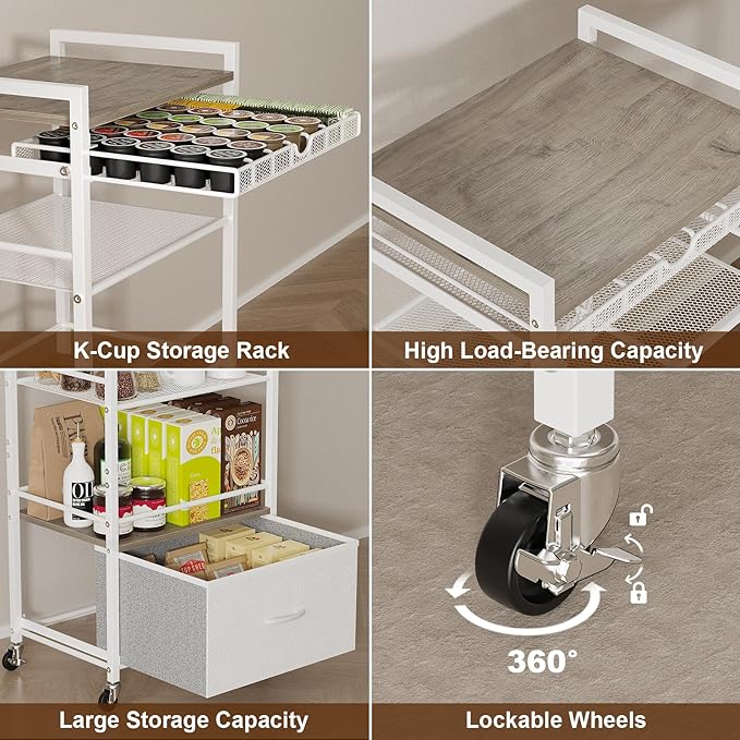 Coffee Bar Cabinet with Storage，5 Tier Coffee Station Table on Wheels, 33.6" H Cart with Drawer for Home Kitchen, Liquor Buffet Sideboard Cabinet (Modern White)