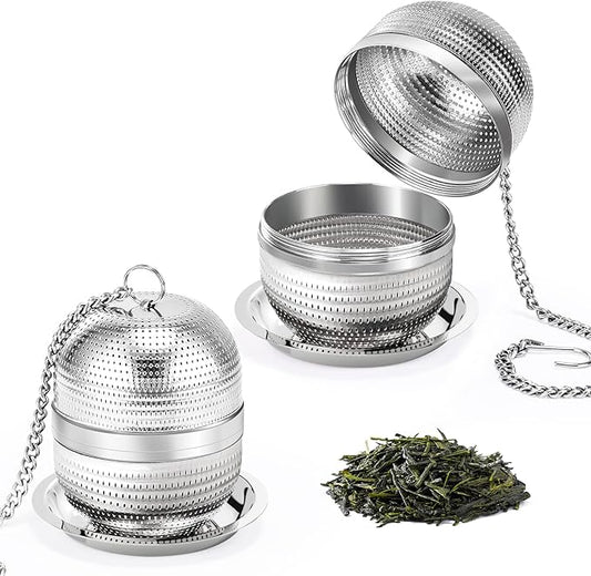 2 Pack Tea Infusers for Loose Tea, Extra Fine Mesh 18/8 Stainless Steel Tea Strainers, Loose Leaf Tea Steeper Tea Ball Tea Diffuser Tea Holder with Extended Chain Hook and Drip Tray