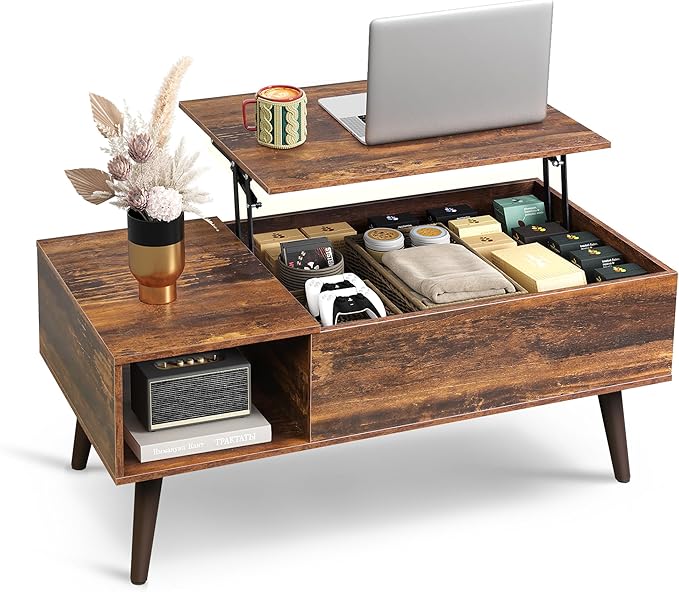 WLIVE Coffee Table for Living Room, Lift Top Coffee Table with Storage, Small Rising Wooden Dining Center Table with Storage Shelf & Hidden Compartment, 39" Rustic Brown