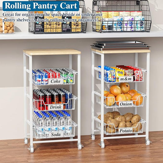 4-Tier Small Kitchen Storage Cart on Wheels with Pull-Out Drawers, Rolling Pantry and Snack Organizer Cart with Wood Top, Kitchen Floor Fruit Basket Stand for Fruit Potato Onion Veggie Snack