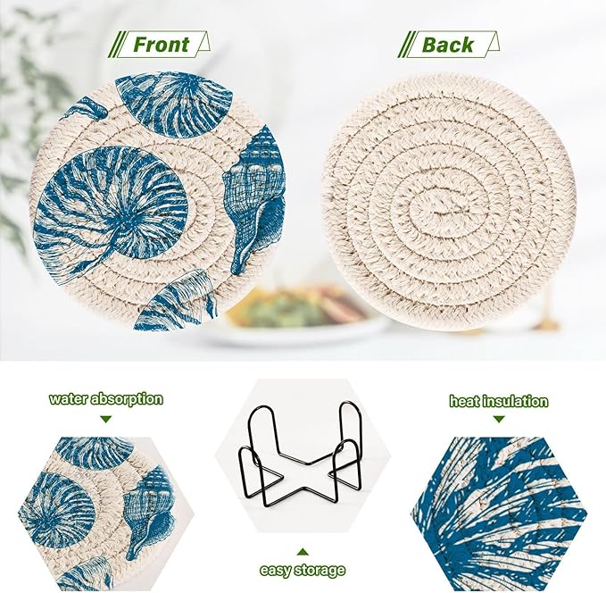 Coasters for Drinks with Holder Blue Shell Starfish Retro Ocean Drink Coasters Set of 6 Absorbent Decorative Bar Coasters Cotton Woven Coasters for Coffee Table Protection