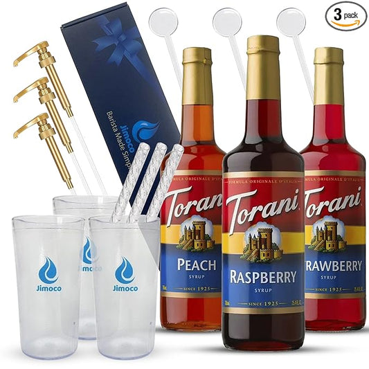 Jimoco Barista Set – Torani Raspberry, Strawberry & Peach Syrups (25.4 oz Each) with 3 Jimoco Syrup Pumps, Reusable Cups, Straws & Stirrers – Coffee, Italian Soda & Cocktail Flavoring Kit