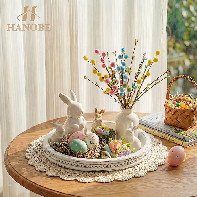 Hanobe Round Wooden Decorative Tray: White Washed Bead Tray Decor for Coffee Table Centerpiece Rustic Farmhouse Tray for Kitchen Counter Living Room Easter Decoration