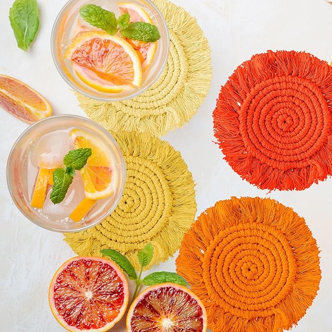 Whaline 4Pcs Boho Macrame Coasters Yellow Orange Handmade Woven Drink Coasters Farmhouse Rustic Cup Mat Pad for Home Kitchen Office Fall Party Table Decor