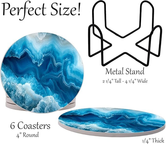 Blue Agate Marble Round Coasters Set of 6 - Abosrbent Ceramic Coasters with Metal Stand for Drinks, Coffee, Non-Slip Cork Back for Tabletop Protection, 4 Inches Marbled Pattern (Agate)