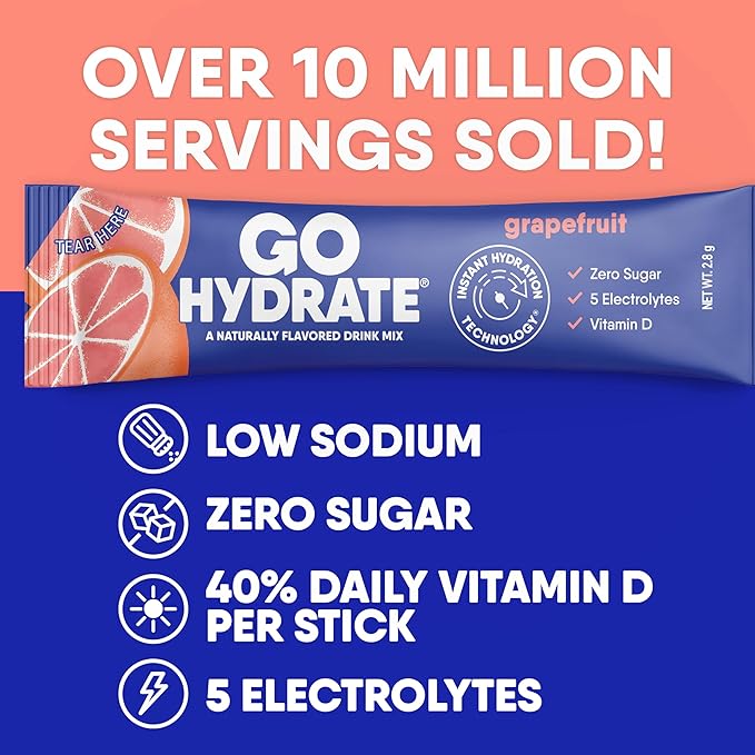GoHydrate Low Sodium Electrolytes Powder Packets Sugar Free - Instant Hydration Daily Drink Mix - Zero Sugar Water Flavor Packet Singles with Vitamin D - (Grapefruit, 30 Packs)