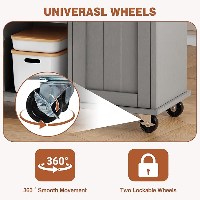 JY QAQA 42" Kitchen Island with Storage on Wheels, Rolling Table with Drop Leaf, Drawers, Cart Handle for Towel Rack or Free Movement, Gray