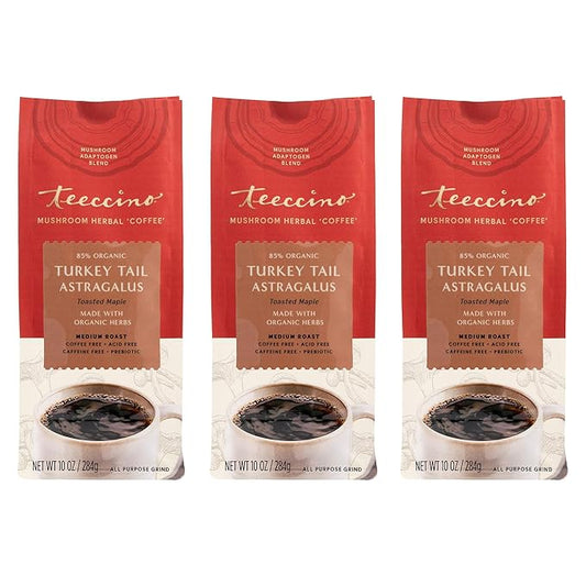 Teeccino Turkey Tail Astragalus Coffee Alternative - Toasted Maple - Adaptogenic Herbal Mushroom Coffee, Medium Roast, Caffeine Free, Prebiotic, Acid Free, All-Purpose Grind - 10 Oz, Pack of 3