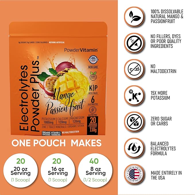 PowderVitamin Electrolytes Powder Plus (20 Servings) Mango Passionfruit Electrolyte Powder Zero Calorie Keto,0 Sugar,No Maltodextrin,1000mg Potassium,120mg Calcium,120mg Magnesium, Pink Himalayan Salt