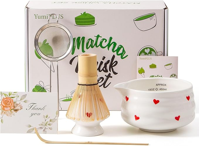 5pcs Premium Matcha Set,Ceramic Bowl with Spout and Bamboo Whisk set, Ceremonical Matcha Kit for breakfast/latte,Tea Starter Making Kit,Unique Matcha Gift set (love)