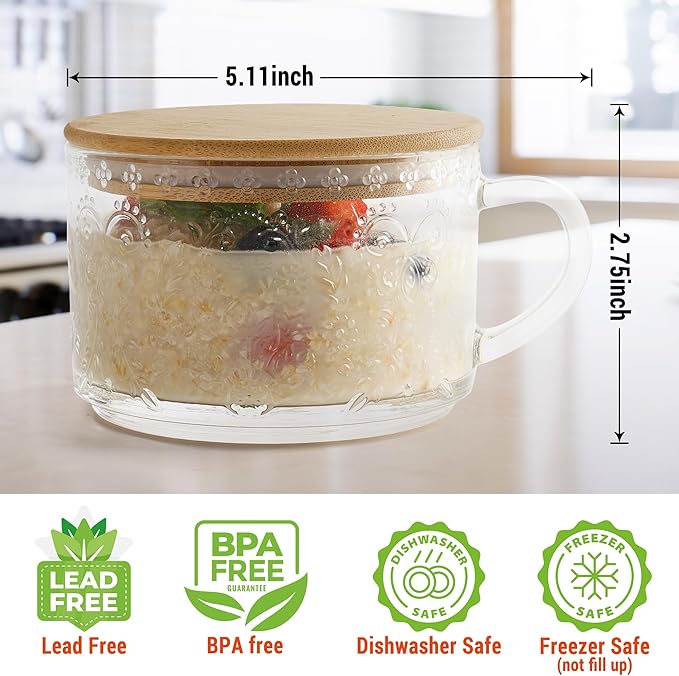 YORY 4-Pack Vintage Glass Mugs with Bamboo lids and Spoons Coffee Tea Cups Gifts for Women Overnight Oats Containers 14oz,