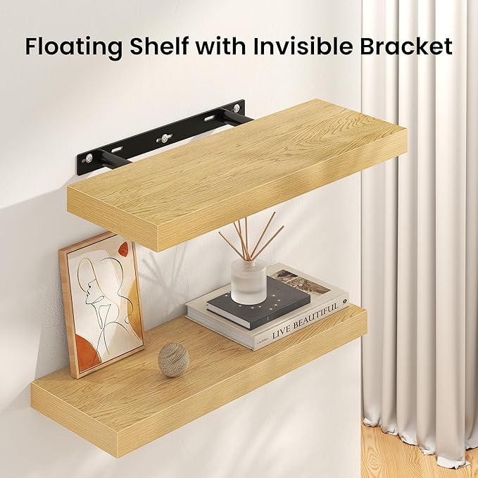 Floating Shelves for Wall, 36" W x 8" D x 1.5" H, Wooden Wall Mounted Display Shelves with Invisible Brackets for Living Room, Bedroom, Bathroom, Kitchen Decor and Storage, Set of 2, Oak