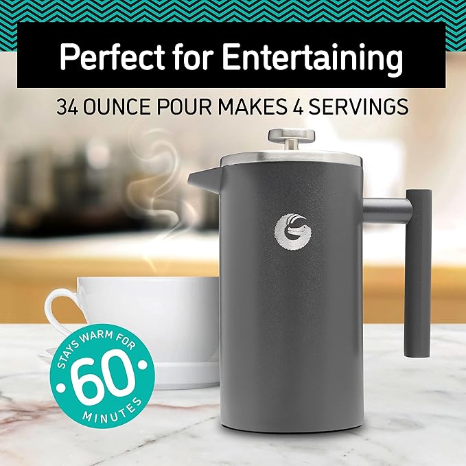 Coffee Gator 304 Grade Stainless Steel French Press Coffee Maker 34 oz, Double Wall Insulated Teapot with 4-Level Filtration System, Include Travel Jar Canister, Rust-Free, Dishwasher Safe, Silver