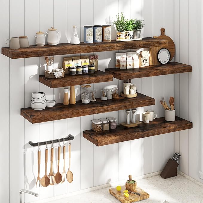 12" Deep Floating Shelves for Wall with Invisible Brackets, Wall Mounted Engineered Wood Shelves with Wood Grain for Living Room, Bedroom, Kitchen Decor and Storage, 55"L Set of 1, Rustic Brown
