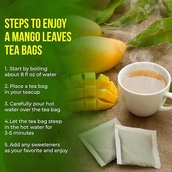FreshDrinkUS, Premium 60 Mango Leaf Tea Bags, 100% Natural & Pure from Mango Leaves. Loose Leaf Herbal Tea. No Sugar, No Caffeine, No Gluten, Vegan.