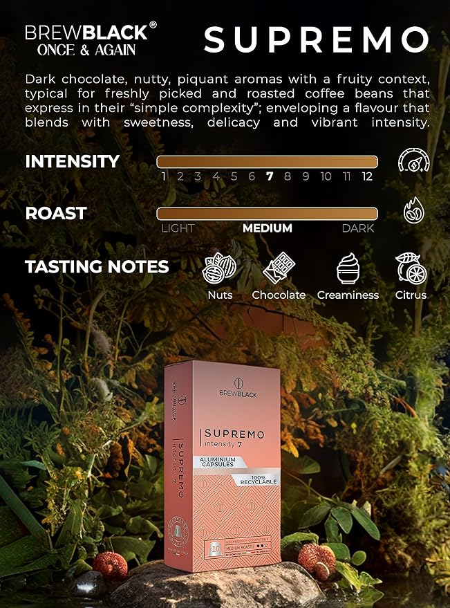 BrewBlack Supremo Coffee Capsules - 50 Aluminum Coffee Pods Compatible with Nespresso Original line, 100% Arabica Medium Roast - Intensity 7/12, Made in Italy