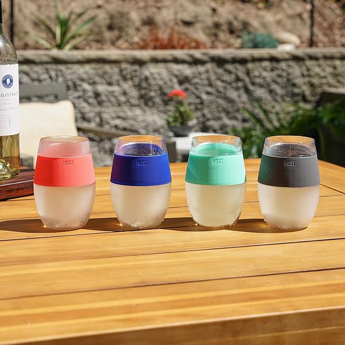 Host Wine Freeze Cooling Cups, Plastic Wine Glasses for Red and White Wines, Double Wall Insulated Freezable Drink Chilling Tumbler, Champagne Gifts for Women, 8.5 oz, Set of 4, Assorted Colors