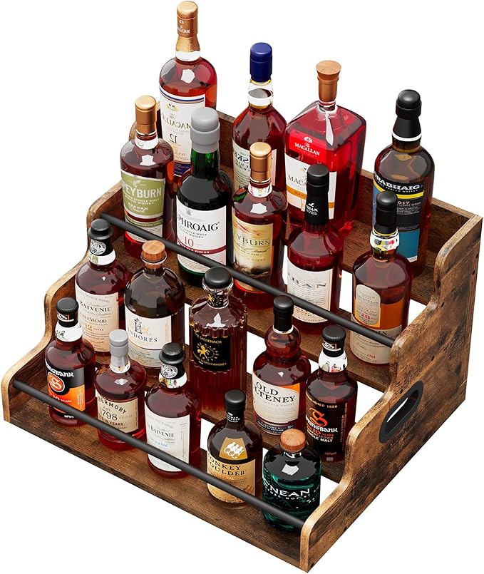 LIVELYGLOW 19.6”W x 15.74" D x 12.5" H Inches Versatile 4-Step Coffee Syrup & Water Bottle Organizer Rack Multi-Functional Retro Display Shelf for Kitchen or Bar, Holds Liquor & Spirits, Wooden