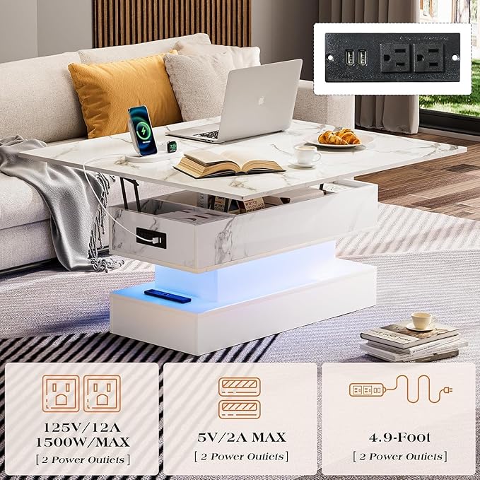 39.4" Lift Top Coffee Table with Charging Station, High-Glossy Marbling Print Center Table with Hidden Compartment Storage, LED Coffee Table for Living Room, White
