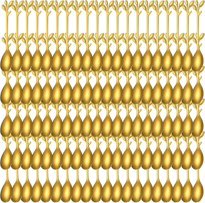 100 Pcs Demitasse Espresso Spoons Stainless Steel Bulk, 4.33'' Small Mini Coffee Tasting Dessert Spoons for Kitchen Dessert, Tea, Appetizer, 1.18'' Wide(Leave,Gold)