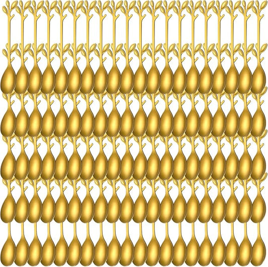 100 Pcs Demitasse Espresso Spoons Stainless Steel Bulk, 4.33'' Small Mini Coffee Tasting Dessert Spoons for Kitchen Dessert, Tea, Appetizer, 1.18'' Wide(Leave,Gold)