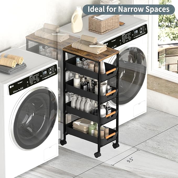 5 Tier Slim Rolling Utility Cart with Drawers Pull-Out Design Slim Storage Cart with Metal Frame and Wooden Top for Narrow Space in Home Kitchen Bathroom Black (Width 9.5 Inches)