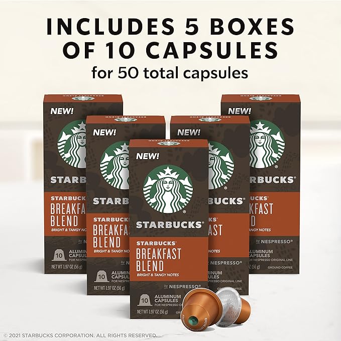 Starbucks by Nespresso Original Line Medium Roast Breakfast Blend Coffee, 50-count Espresso Pods