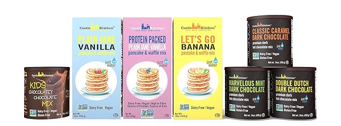 Castle Kitchen Natural Hot Chocolate Mix Variety Pack (42 Oz) - Dairy-Free, Vegan Complete Mixes - Just Add Water - Pack of 3 (Classic Caramel, Marvelous Mint Dark Chocolate) 14 oz Each