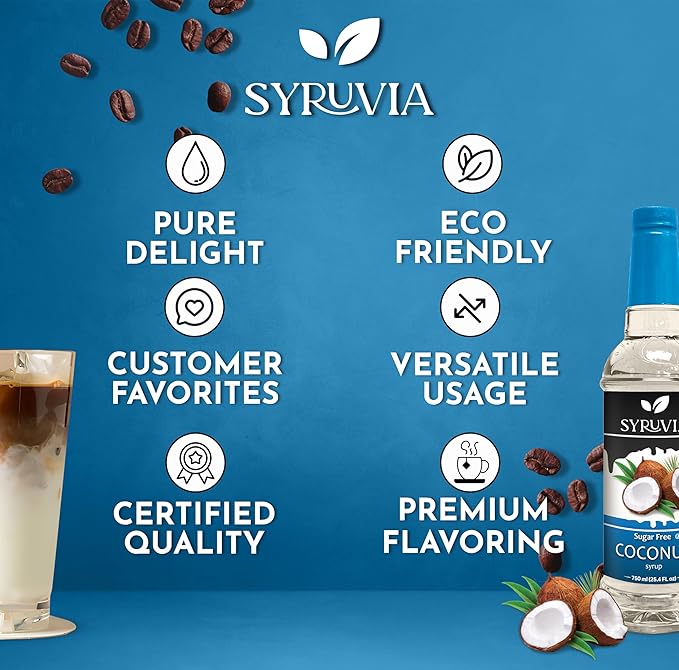 Syruvia Sugar Free Coffee Syrup, Coconut Flavored Syrup for Drinks, Lattes, and Desserts – 25.4 fl oz, With Pump