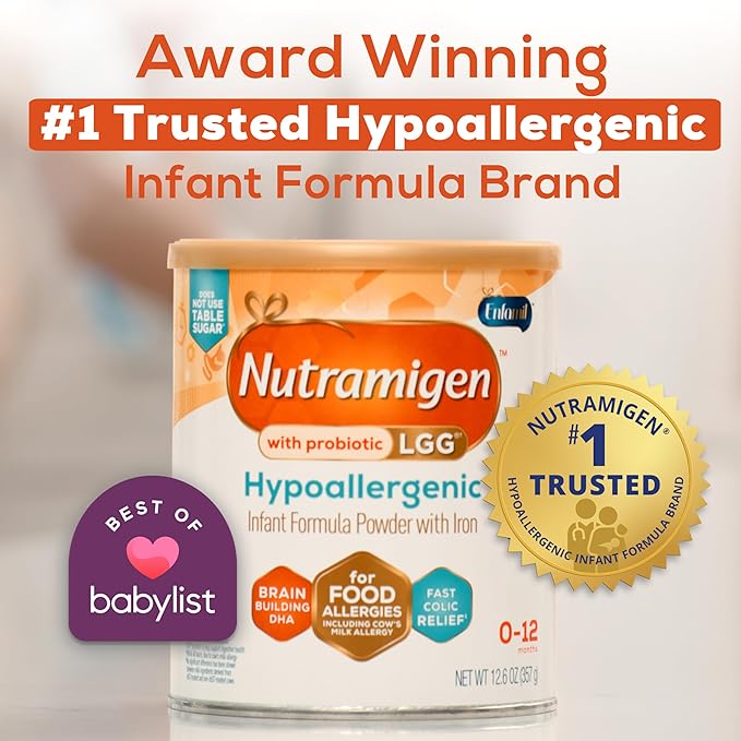 Enfamil Nutramigen Hypoallergenic Baby Formula with Iron, Lactose Free, Colic Relief from Cow's Milk Allergy Starts in 24 Hours, Brain Building DHA, Probiotic LGG for Immune Support, 19.8 Oz, 4 Count