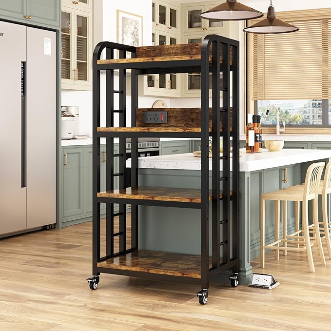 4-Tier Kitchen Bakers Rack with Power Outlet and Rolling Wheels, Microwave Stand with Storage, Adjustable Kitchen Shelves Freestadning, Coffee Bar Station, Bakers Rack for Spices, Pots and Pans, Brown