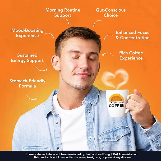 Happy Gut Coffee - Doctor-Formulated, Organic Medium-to-Dark Roast Coffee with Gut-Friendly Benefits - Gentle on Stomach - Rich Flavor, Gluten-Free, No Bitterness - 12oz - SMOOTH - Ground
