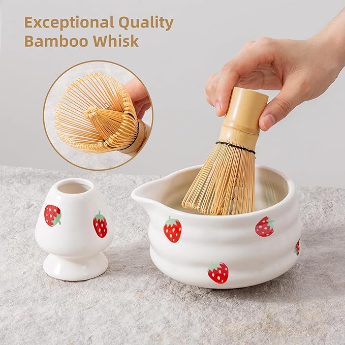 5pcs Premium Matcha Set,Ceramic Bowl with Spout and Bamboo Whisk set, Ceremonical Matcha Kit for breakfast/latte,Tea Starter Making Kit,Unique Matcha Gift set (strawberry)