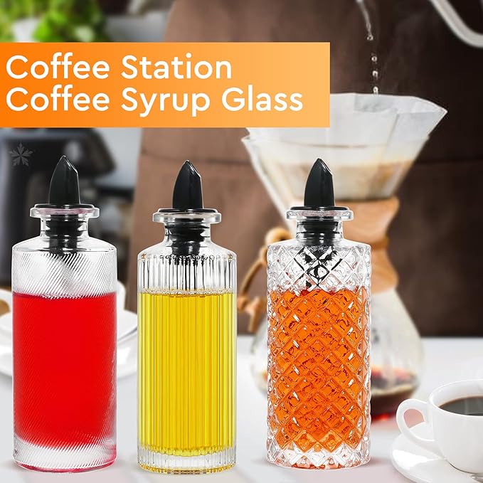 INFTYLE Coffee Syrup Dispenser Bottles Set 6 Pack 7 OZ, Simple Small Glass Syrup Bottles for Coffee Bar with Metal Pour Spout Ideal for Coffee Syrups, Honey