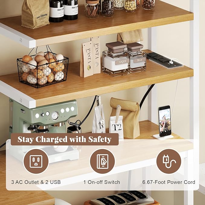 iabifo L-Shaped White Bakers Rack with Power Outlet, Kitchen Storage Rack with Hooks, Wire Shelf with Open Storage, Mesh Grid, Wire Basket