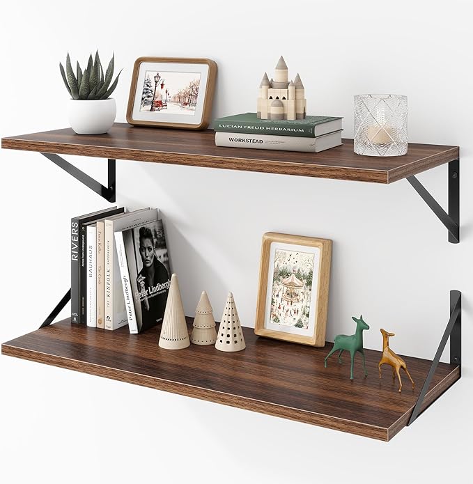 Deep Floating Shelves Wall Mounted, 30"x12" Walnut Wall Shelves with Brackets Set of 2 for Bedroom, Living Room, Bathroom, Kitchen, Office - Storage & Display Shelf for Decor, Books, Plants