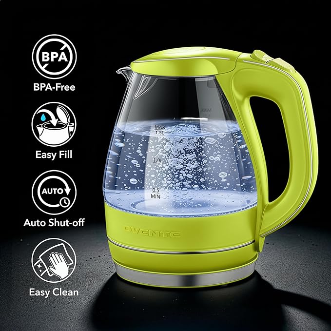 OVENTE Electric Kettle, 1.5L Borosilicate Glass Countertop Water Heater and Boiler for Coffee or Tea, BPA-Free, Auto Shut-Off,  Boil-Dry Protection, Removable and Washable Spout Filter, Green KG83G