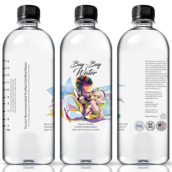 Bay Bay Water - Purified Distilled Water for Babies - 16.9 oz. - Use for Everyday Drinking, Infant Formula, Milk, and Baby Cereal - BPA Free - No Fluoride, Phosphate - Prevent Mineral Overload - (24)